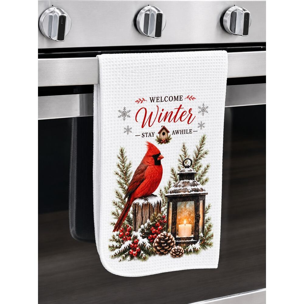 Welcome Winter Cardinal Kitchen Towel Rustic Farmhouse Bird & Lantern Decor - Picture 2 of 5
